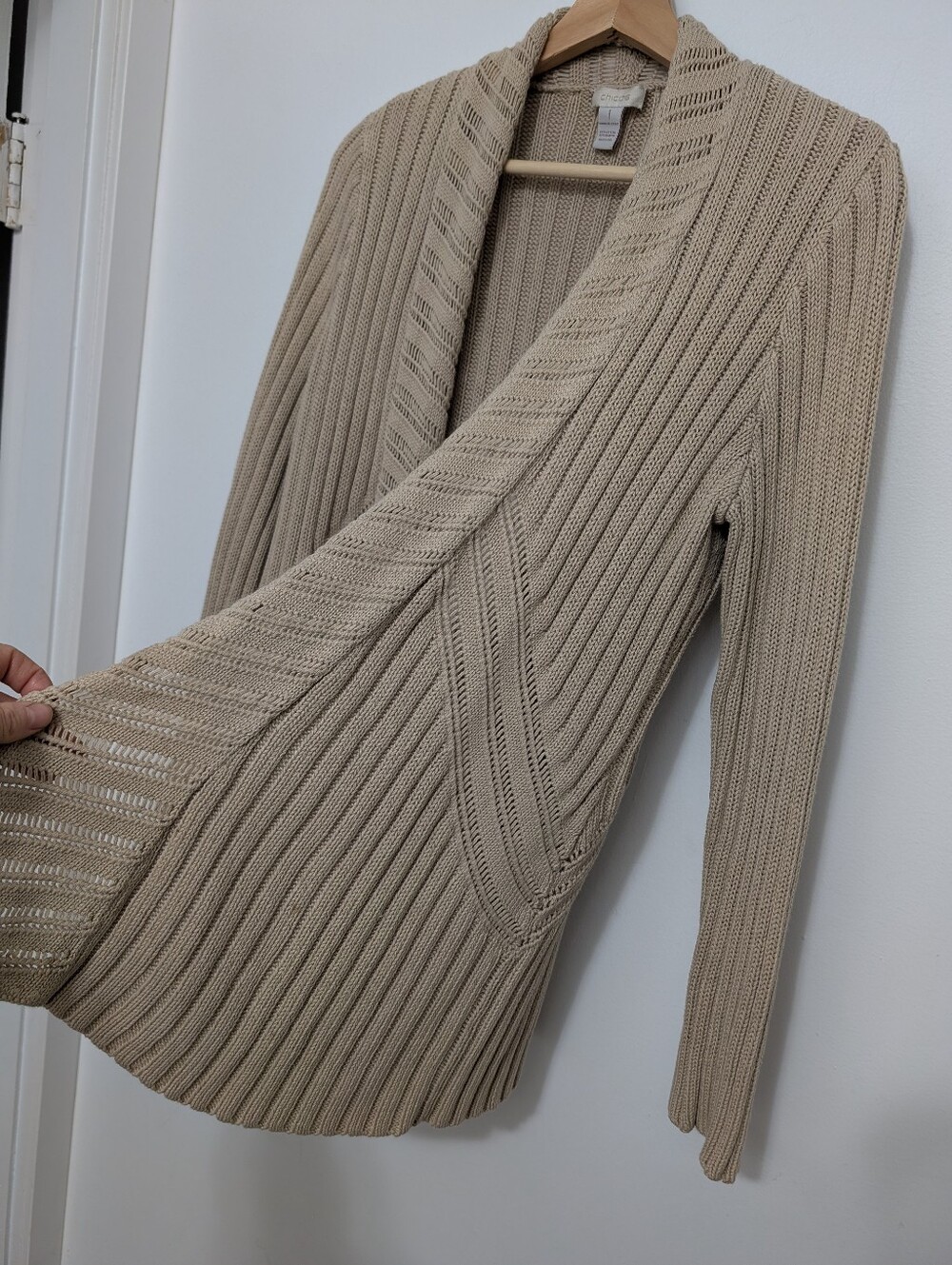 Chicos Small Knit Cardigan Tan Flowy Open Front Sweater Boho Casual Neutral
